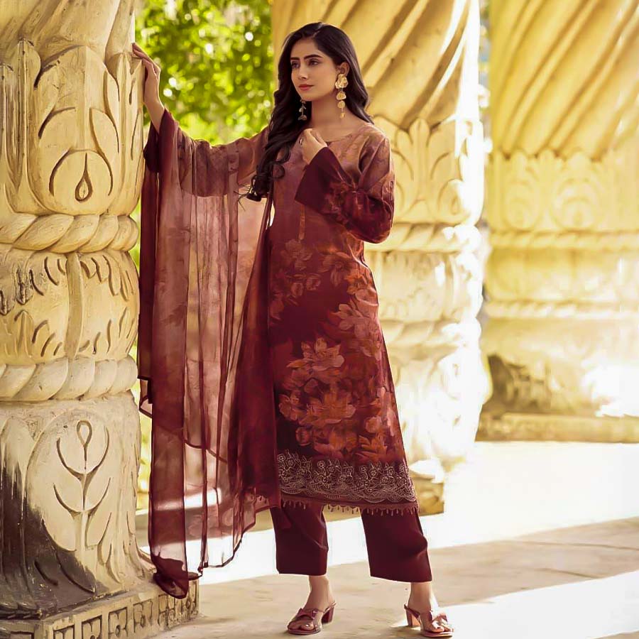 Red Jam Cotton Casual Wear Salwar Kameez