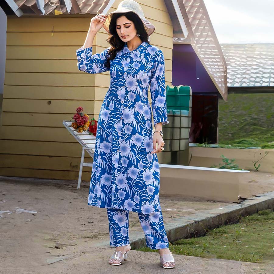 Blue Rayon Printed Kurti