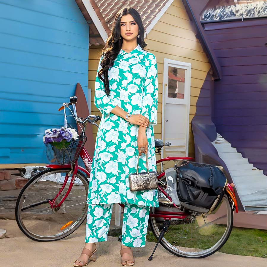 Cyan Rayon Printed Kurti