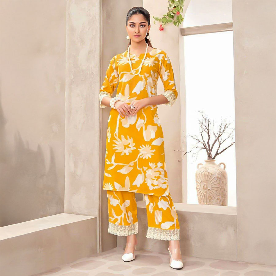 Yellow  Rayon Printed Kurti