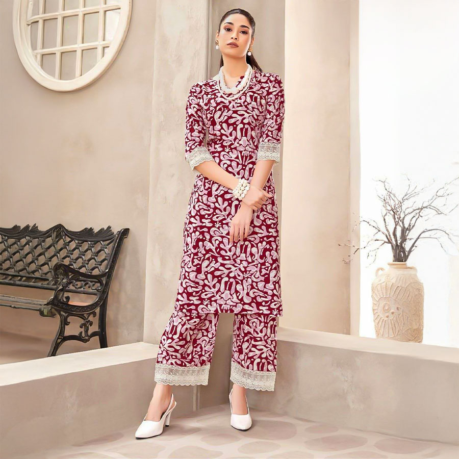 Red  Rayon Printed Kurti