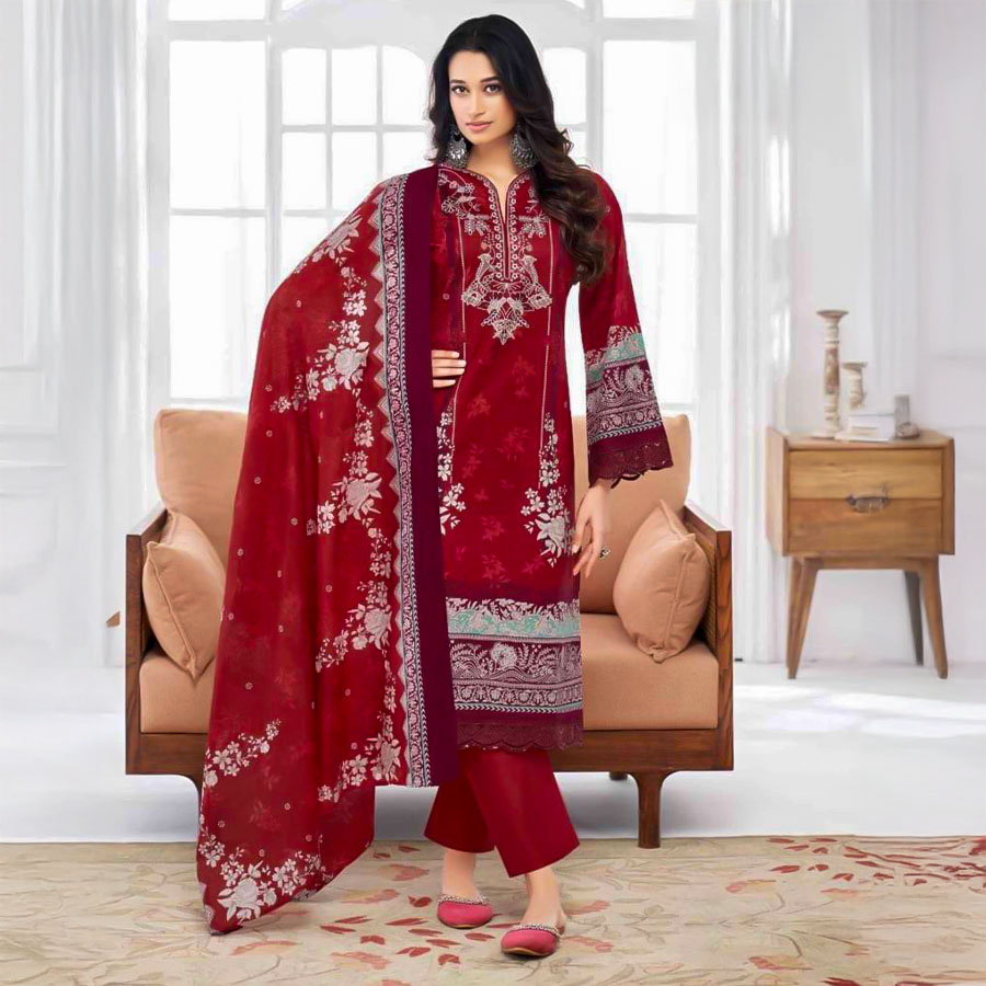 Red  Lawn Cotton Printed Salwar Kameez