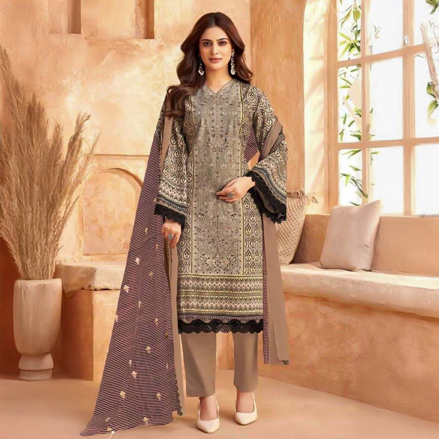 Grey  Cotton Printed Salwar Kameez