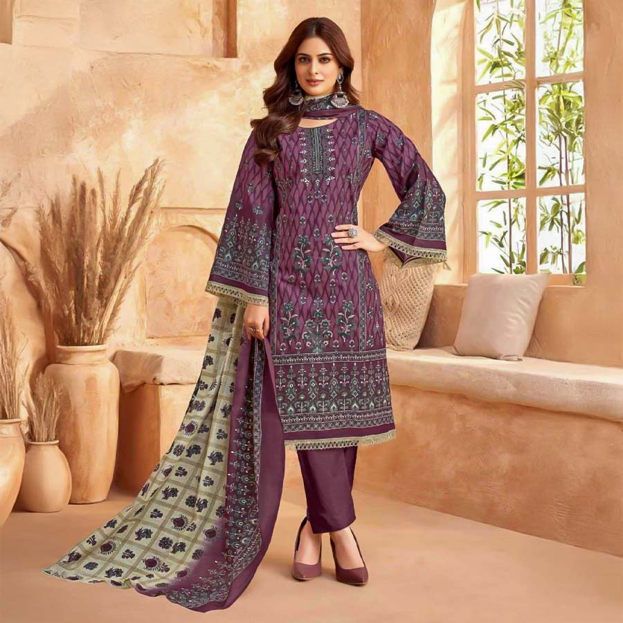Purple Cotton Printed Salwar Kameez