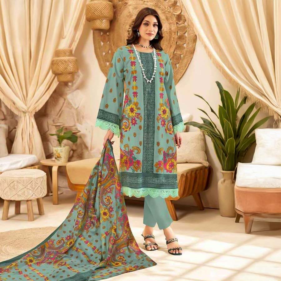 Cyan Cotton Printed Salwar Kameez