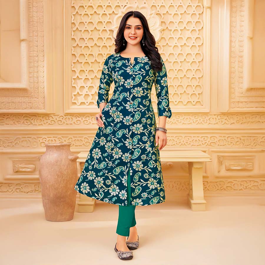 Blue Cotton Blend  Printed Kurti