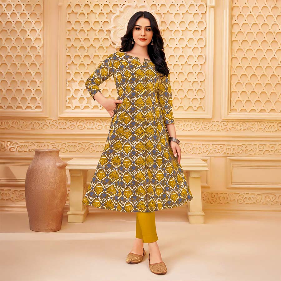 Yellow Cotton Blend  Printed Kurti