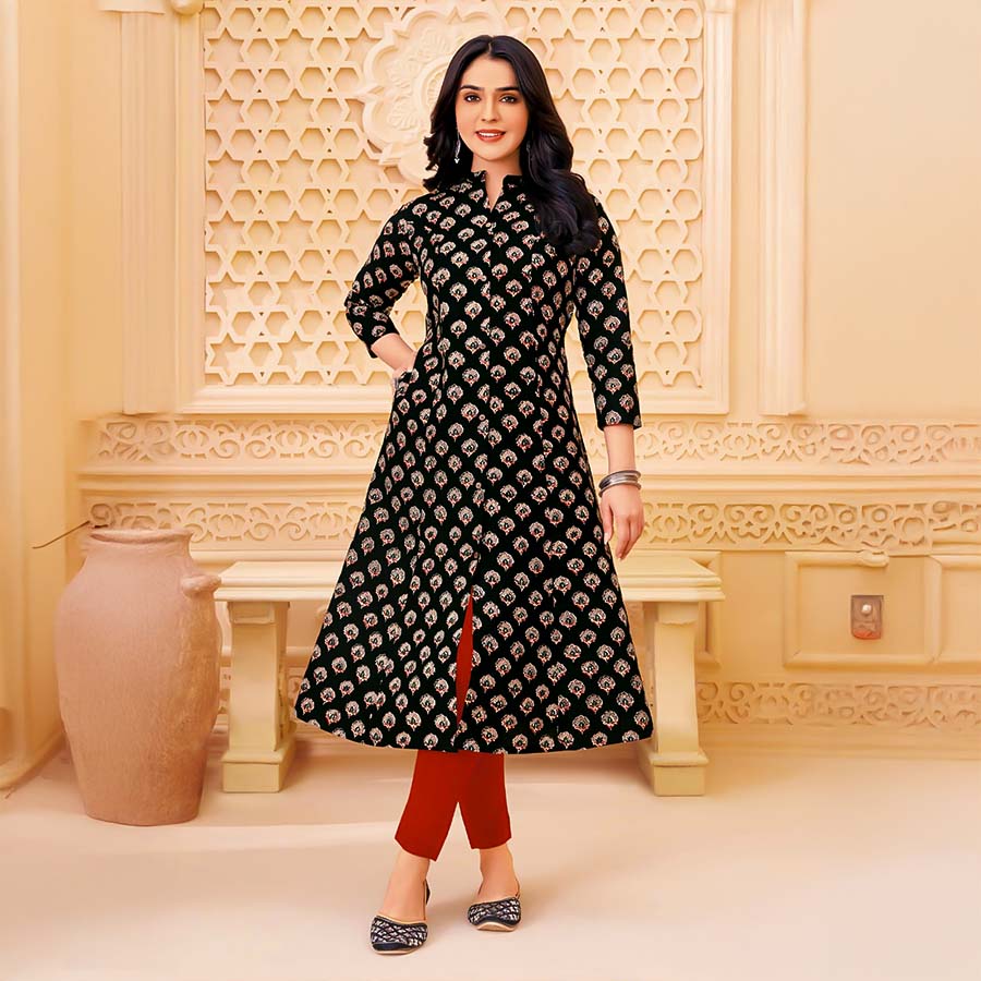 Black  Cotton Blend  Printed Kurti
