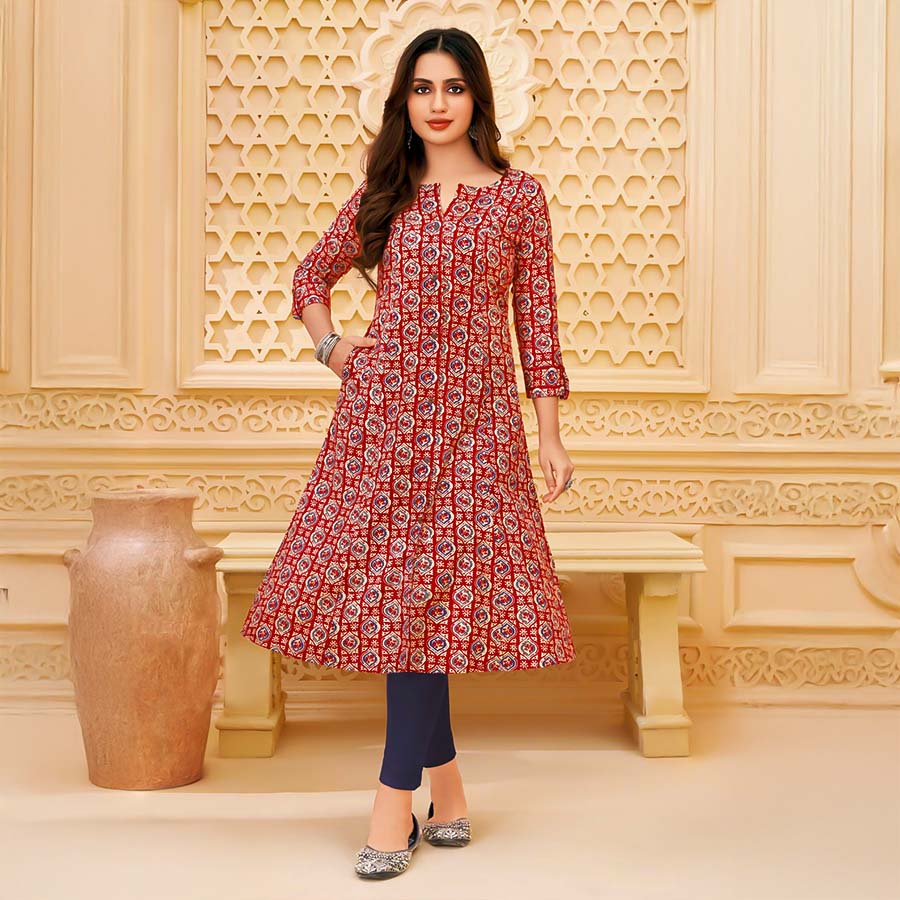 Red  Cotton Blend  Printed Kurti