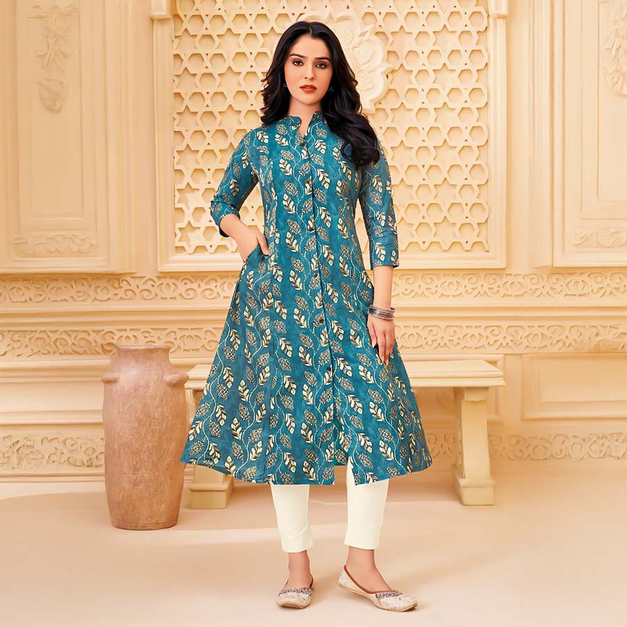 Blue Cotton Blend  Printed Kurti