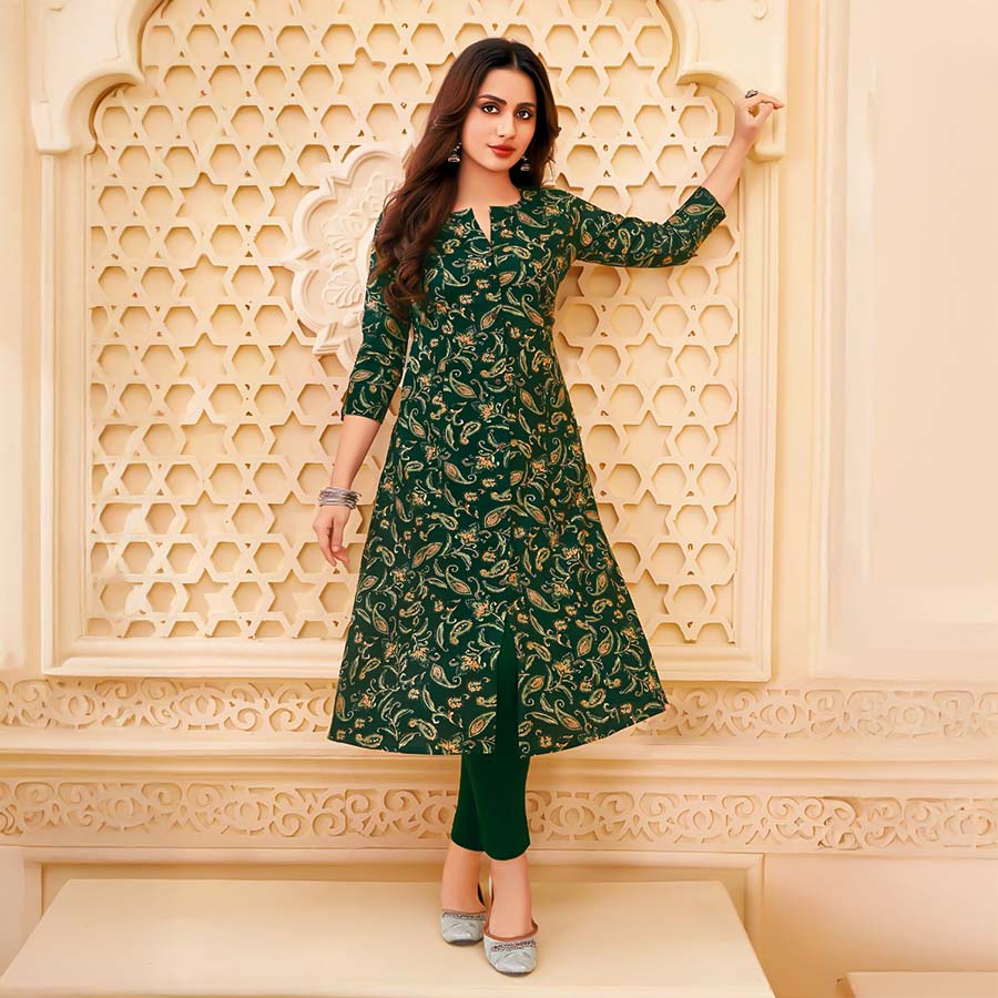 Green  Cotton Blend  Printed Kurti
