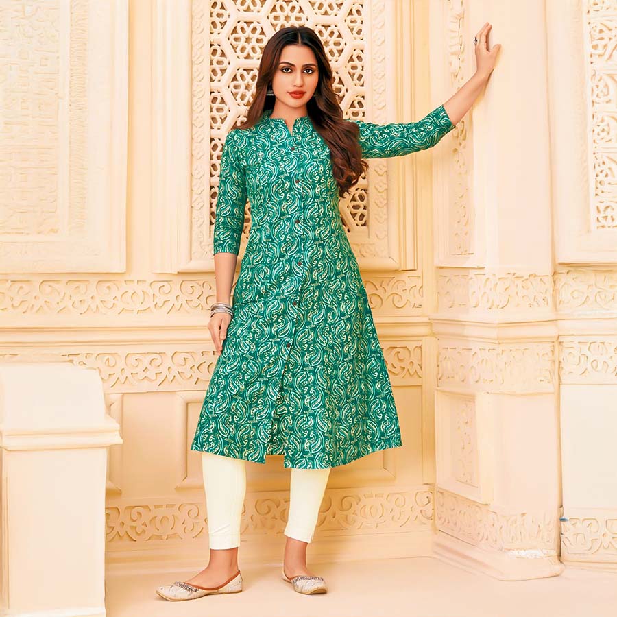 Green  Cotton Blend  Printed Kurti