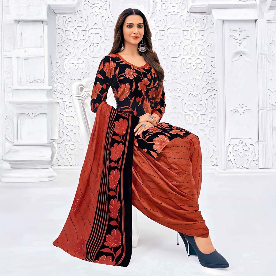 Black and Orange  Cotton Casual Wear Salwar Kameez