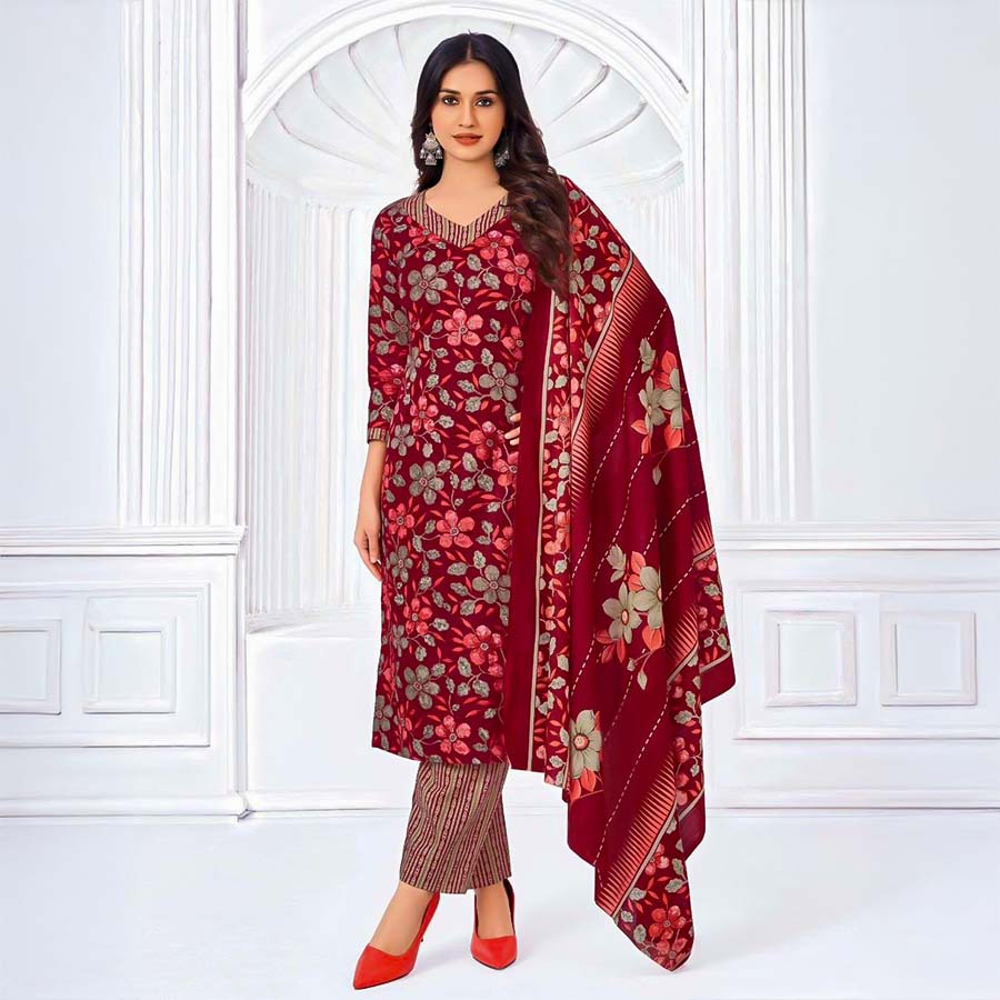 Red  Cotton Casual Wear Salwar Kameez