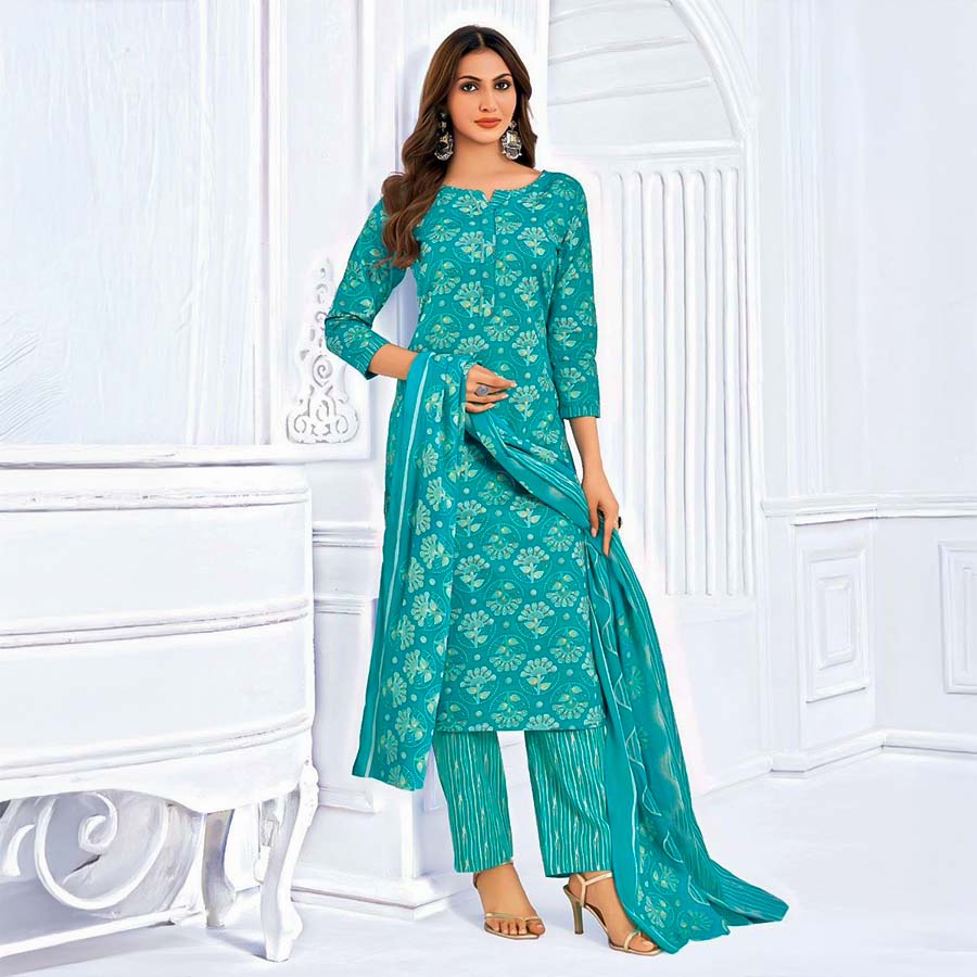 Cyan Cotton Casual Wear Salwar Kameez