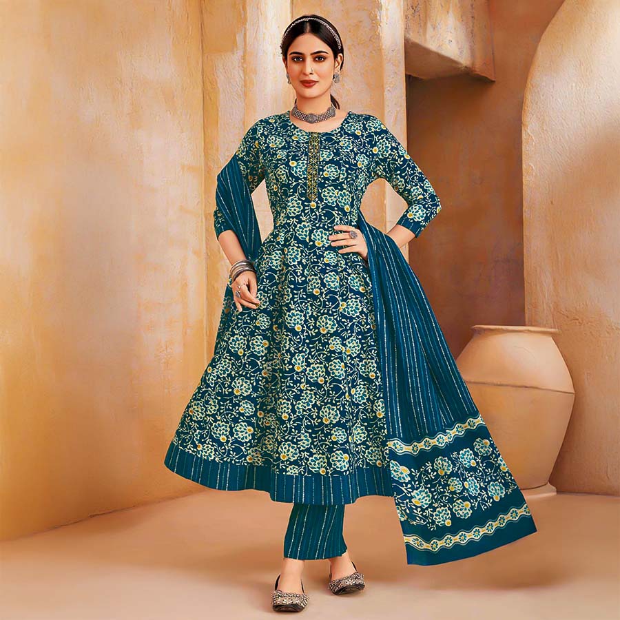 Blue Cotton Casual Wear Salwar Kameez