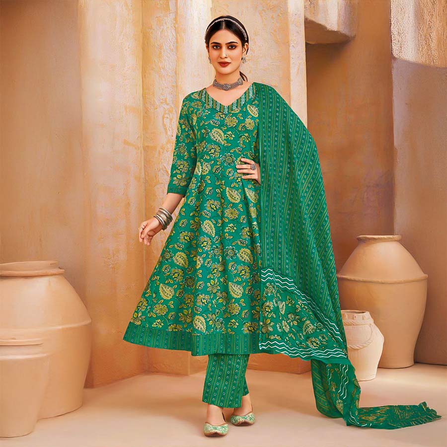 Green  Cotton Casual Wear Salwar Kameez