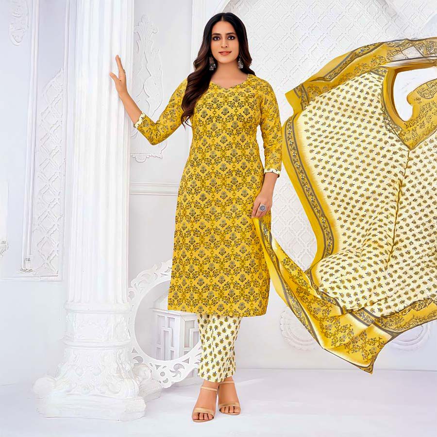 Yellow Cotton Casual Wear Salwar Kameez