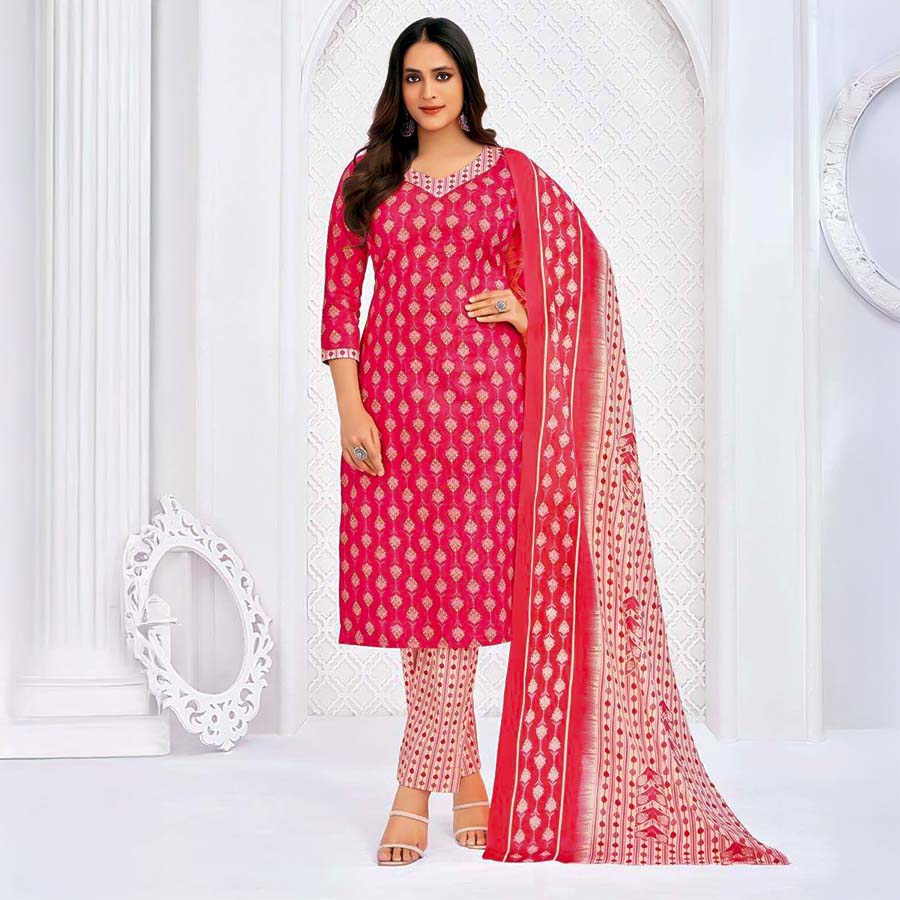 Red Cotton Casual Wear Salwar Kameez
