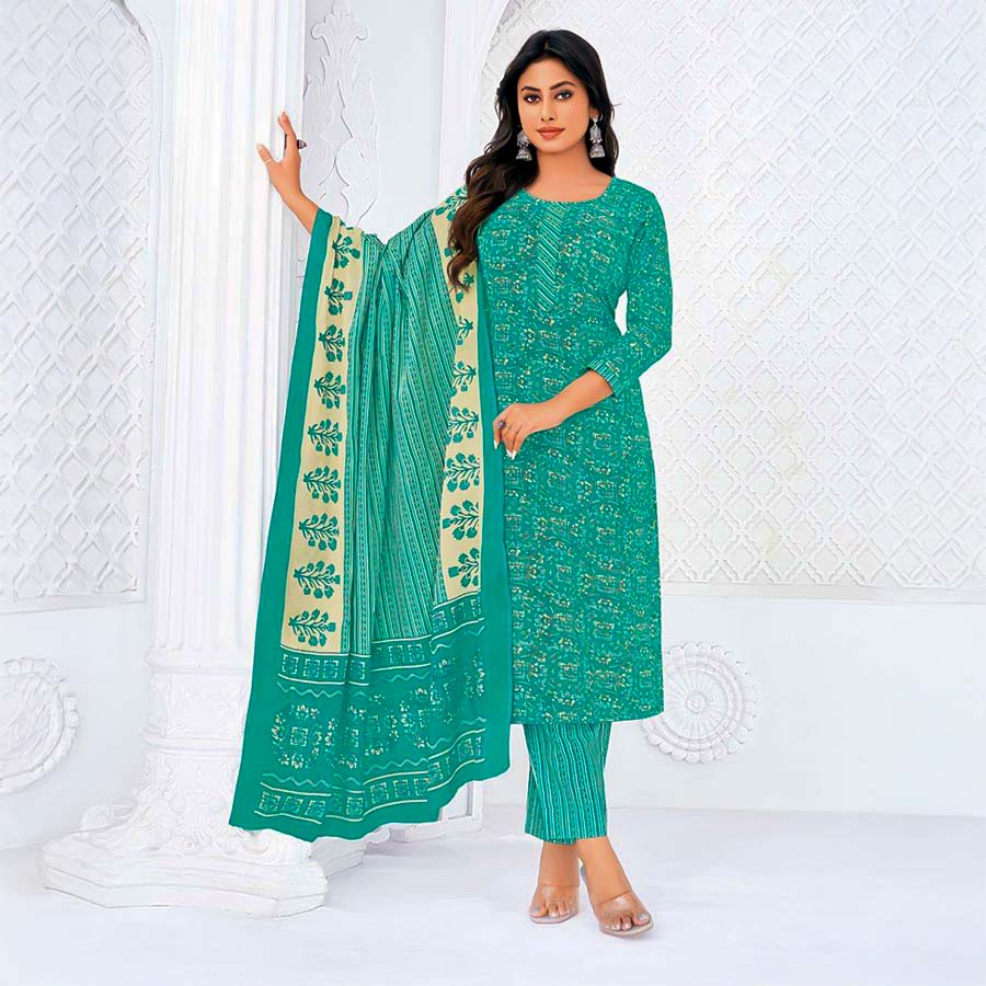 Cyan Cotton Casual Wear Salwar Kameez