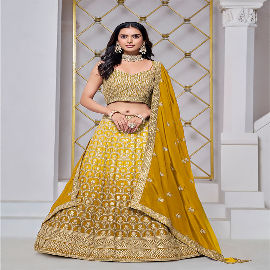 Yellow Chinon Designer Lehenga