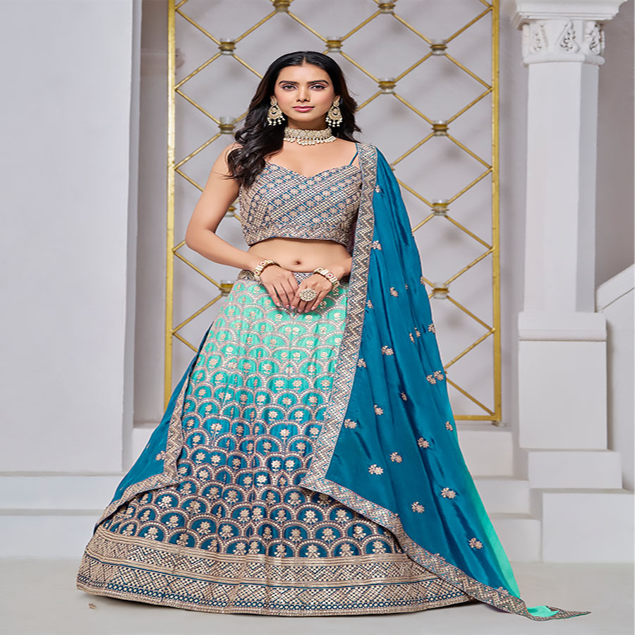 Sky blue Chinon Designer Lehenga