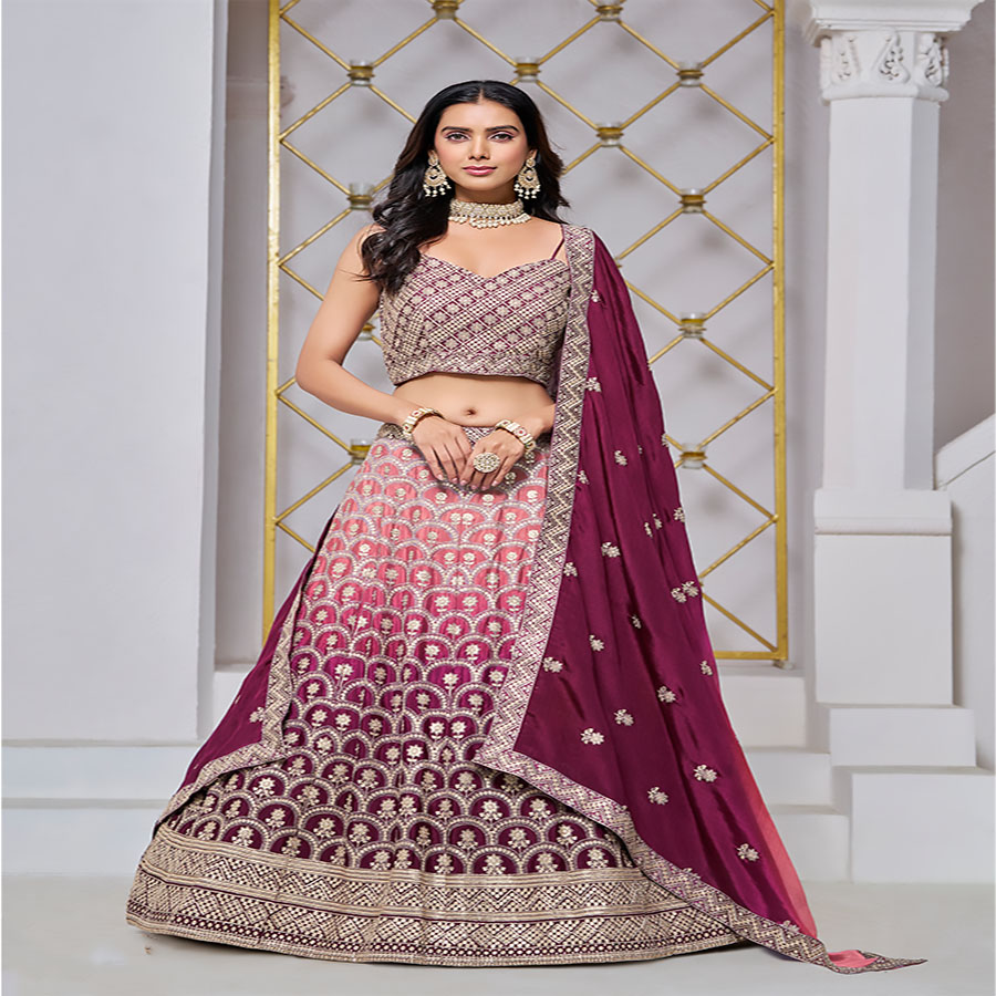 Red Chinon Designer Lehenga