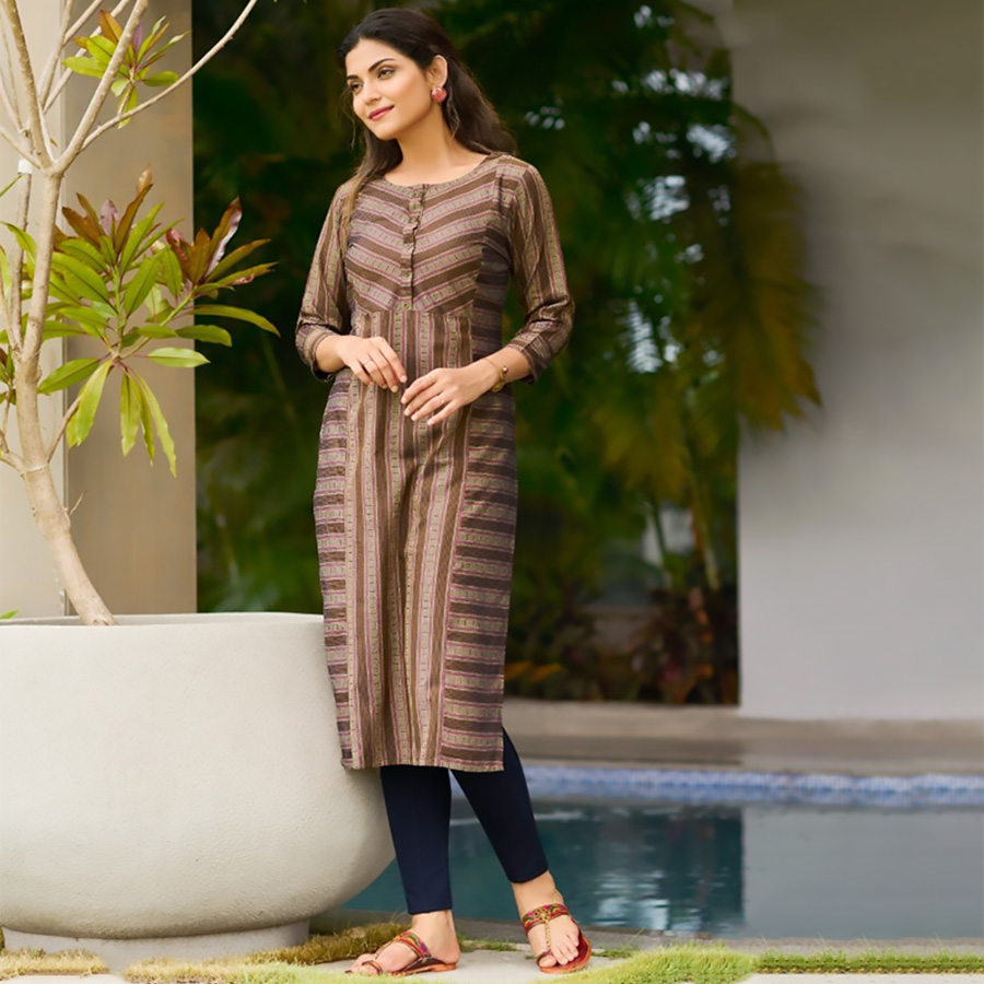 Brown Cotton Printed Kurtis