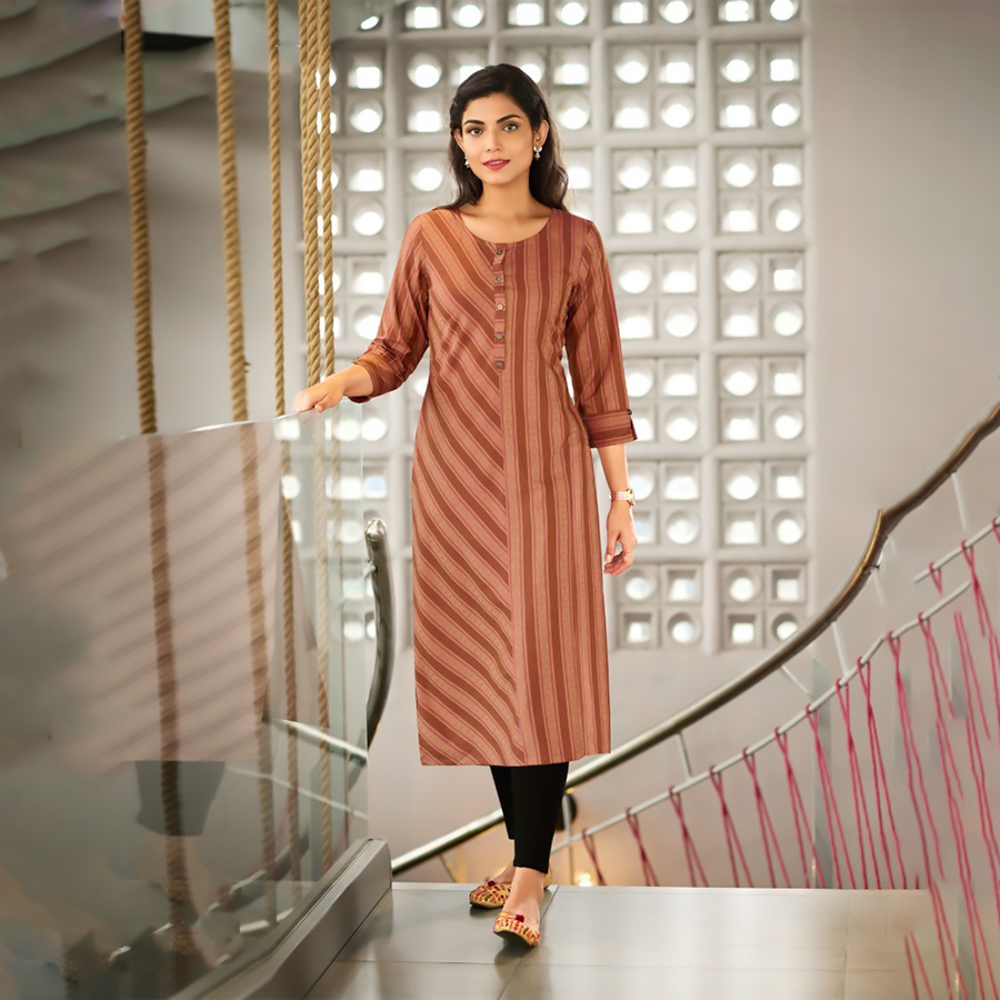 Peach Cotton Printed Kurtis