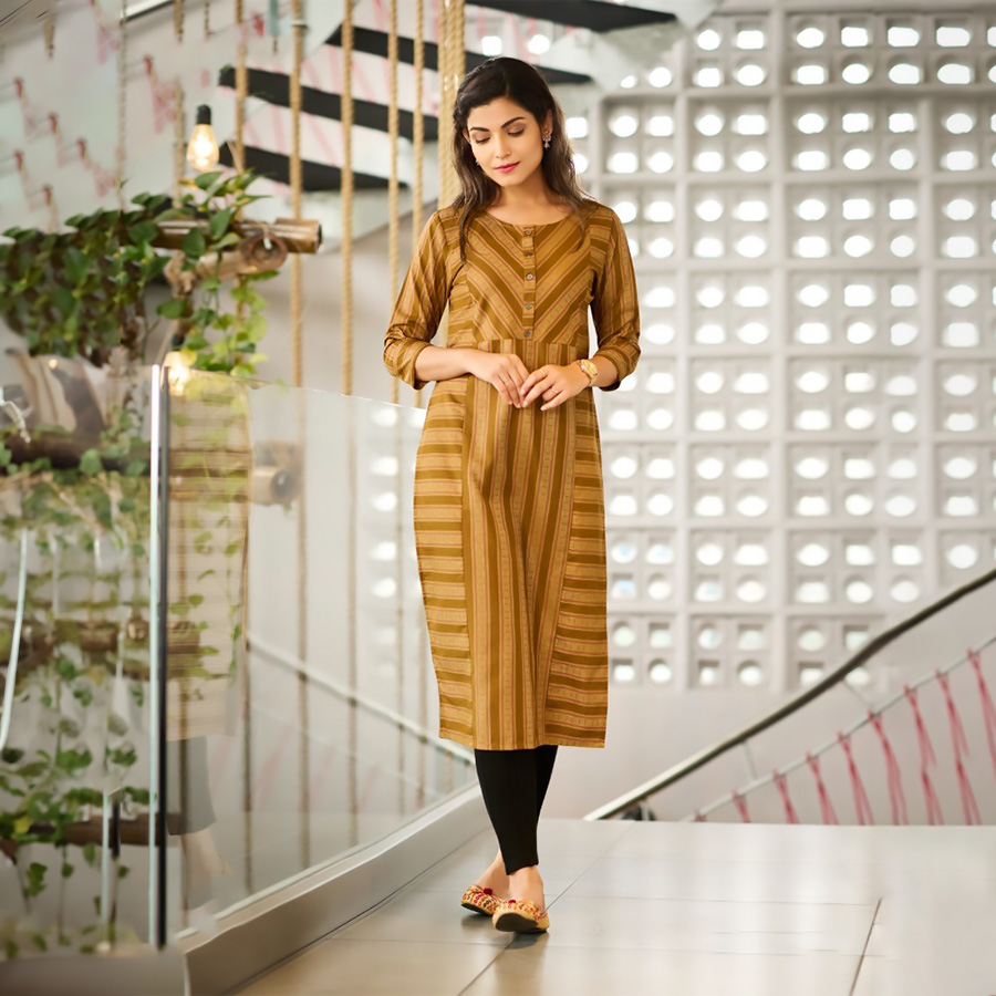 Brown Cotton Printed Kurtis