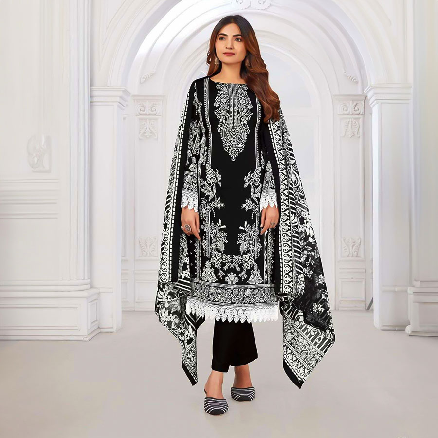 Black  Lawn Cotton Casual Wear Salwar Kameez