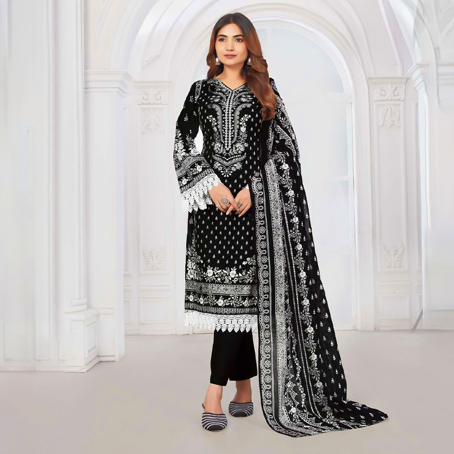 Black  Lawn Cotton Casual Wear Salwar Kameez