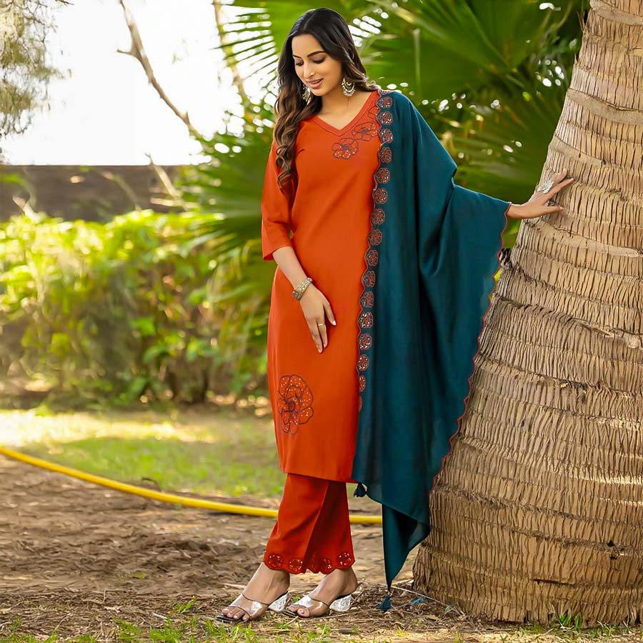 Orange  Viscose Casual Wear Salwar Kameez