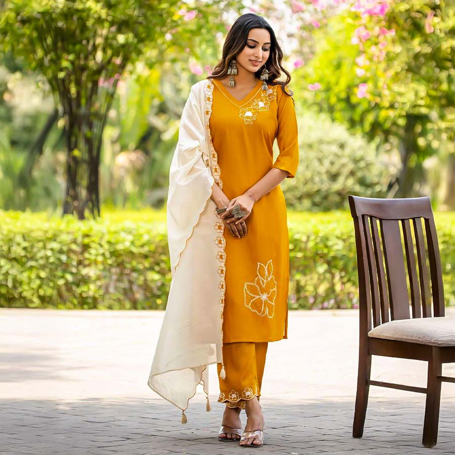 Yellow  Viscose Casual Wear Salwar Kameez