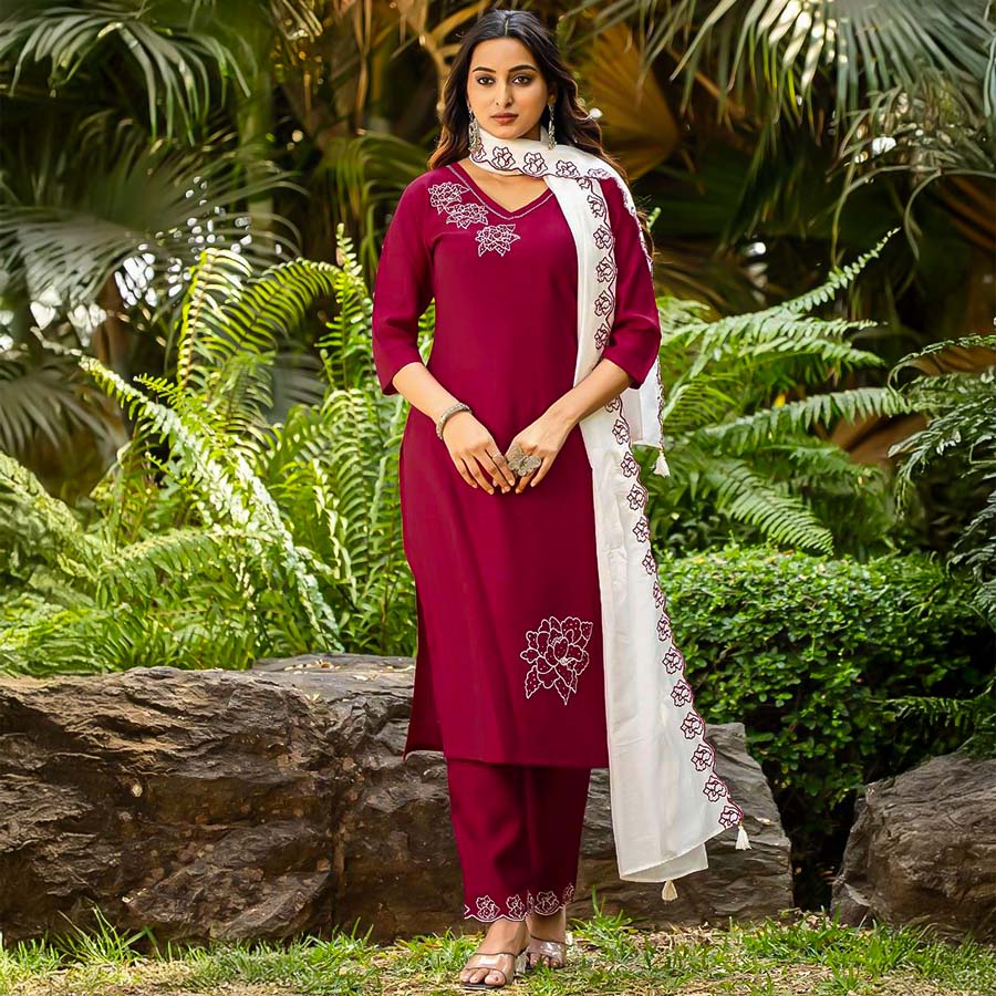 Red  Viscose Casual Wear Salwar Kameez