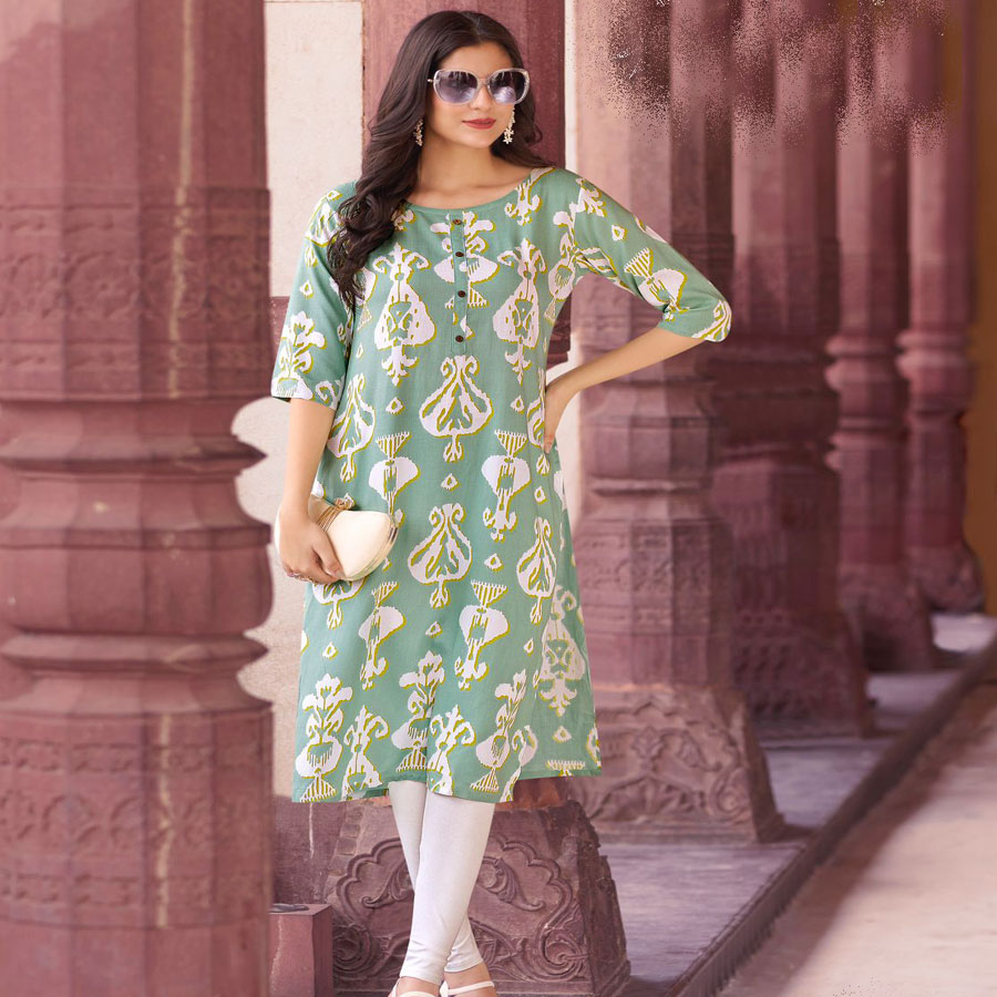 Sea Green Rayon Printed Kurtis