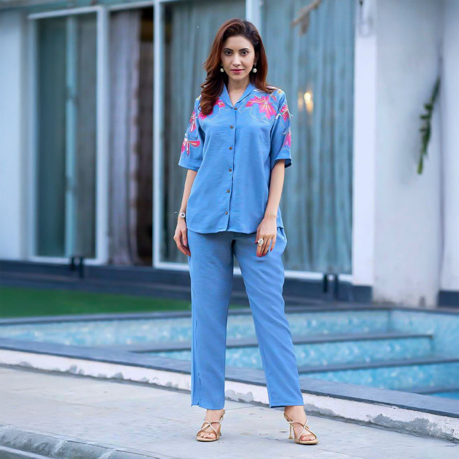 Blue Viscose Crepe Casual Wear Kurti