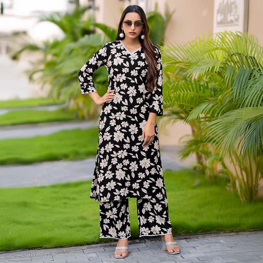 Black Rayon Print Printed Kurti