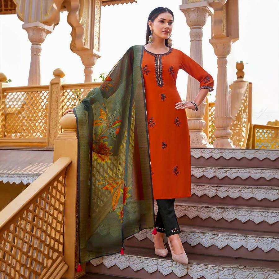 Orange  Viscose Silk Casual Wear Salwar Kameez