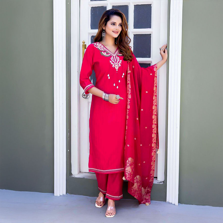 Red  Viscose Casual Wear Salwar Kameez