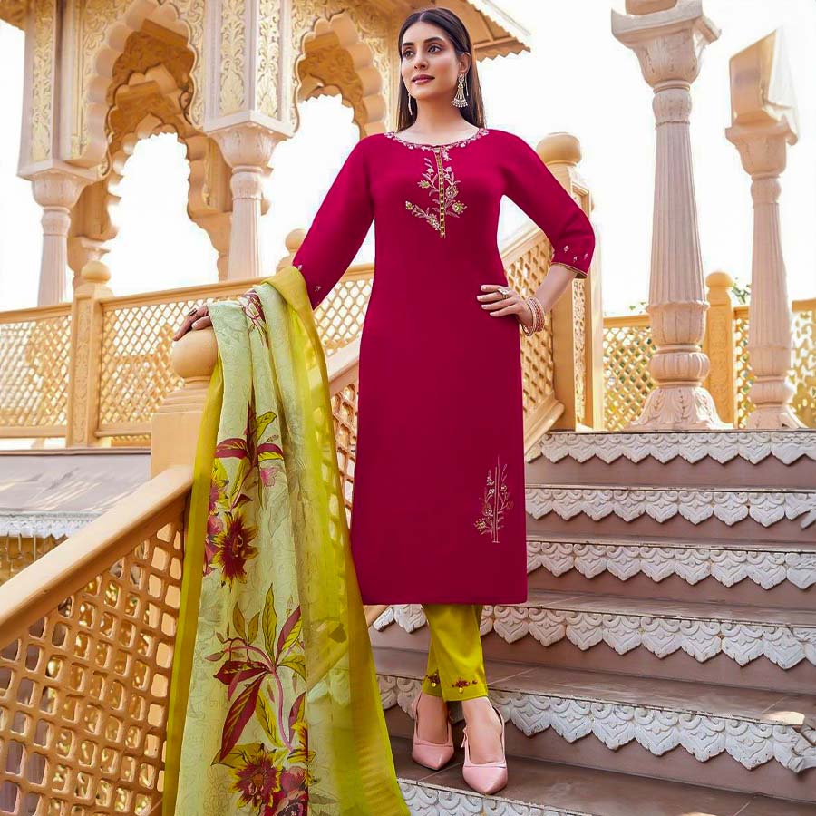 Red  Viscose Silk Casual Wear Salwar Kameez