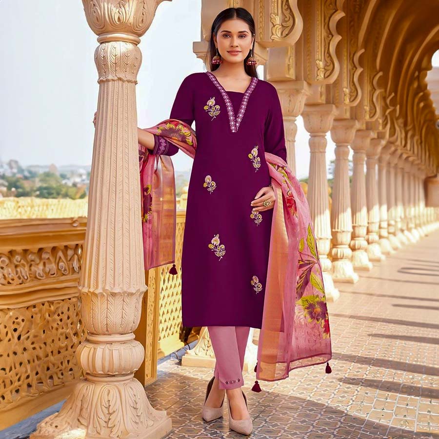 Purple Viscose Silk Casual Wear Salwar Kameez