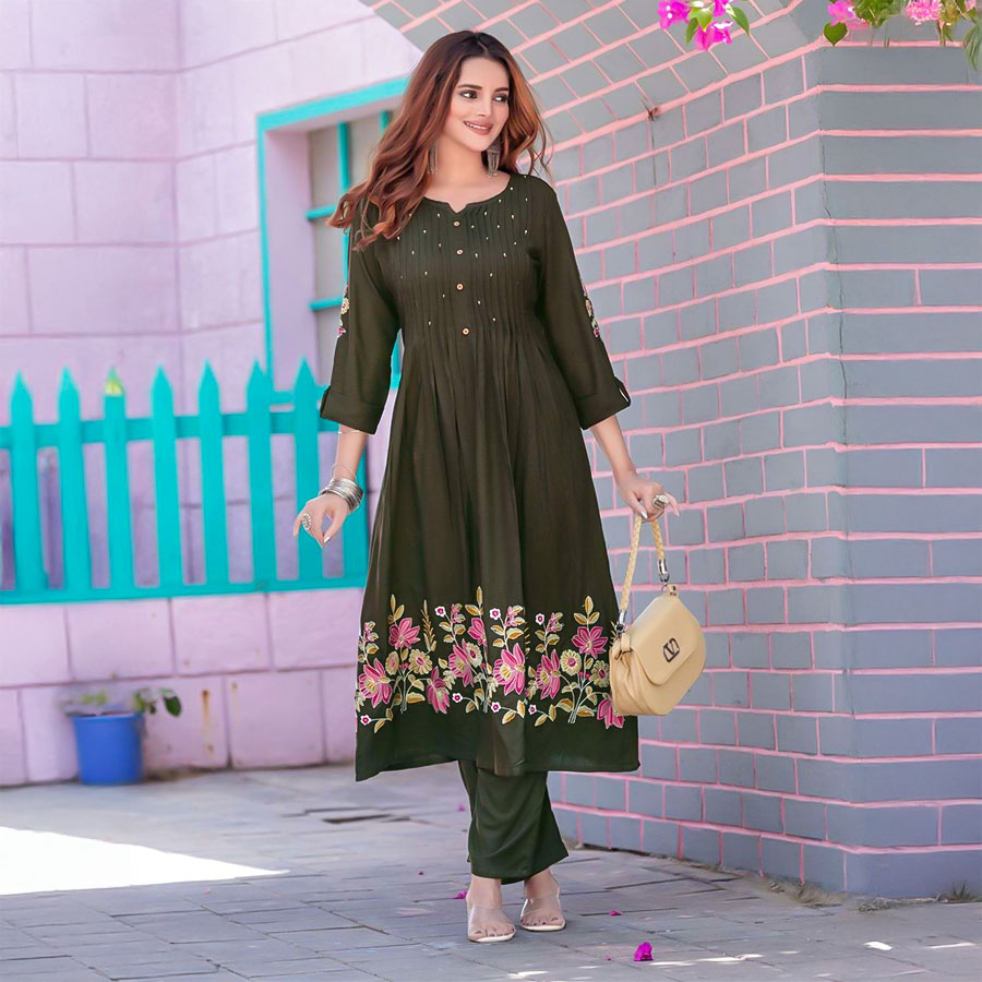 Olive Green Rayon Casual Wear Kurti