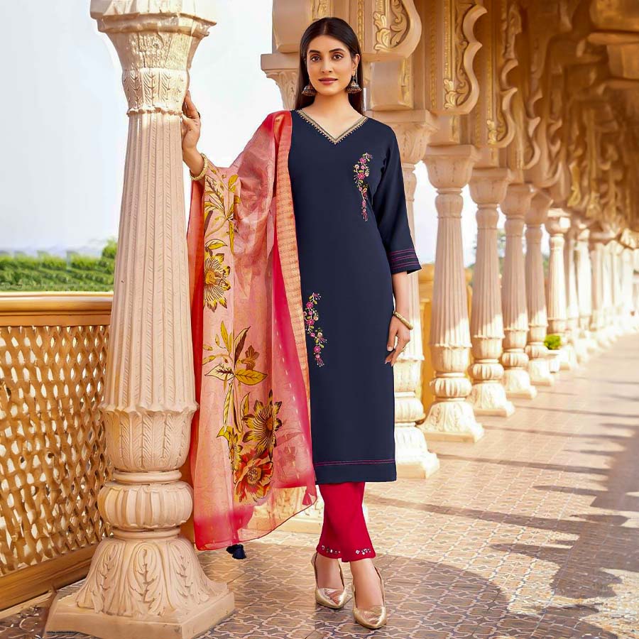 Blue Viscose Silk Casual Wear Salwar Kameez