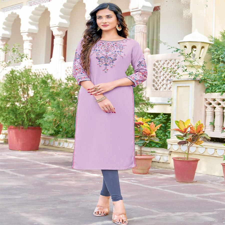 Light purple Heavy Rayon with Print and Handwork Casual Kurtis