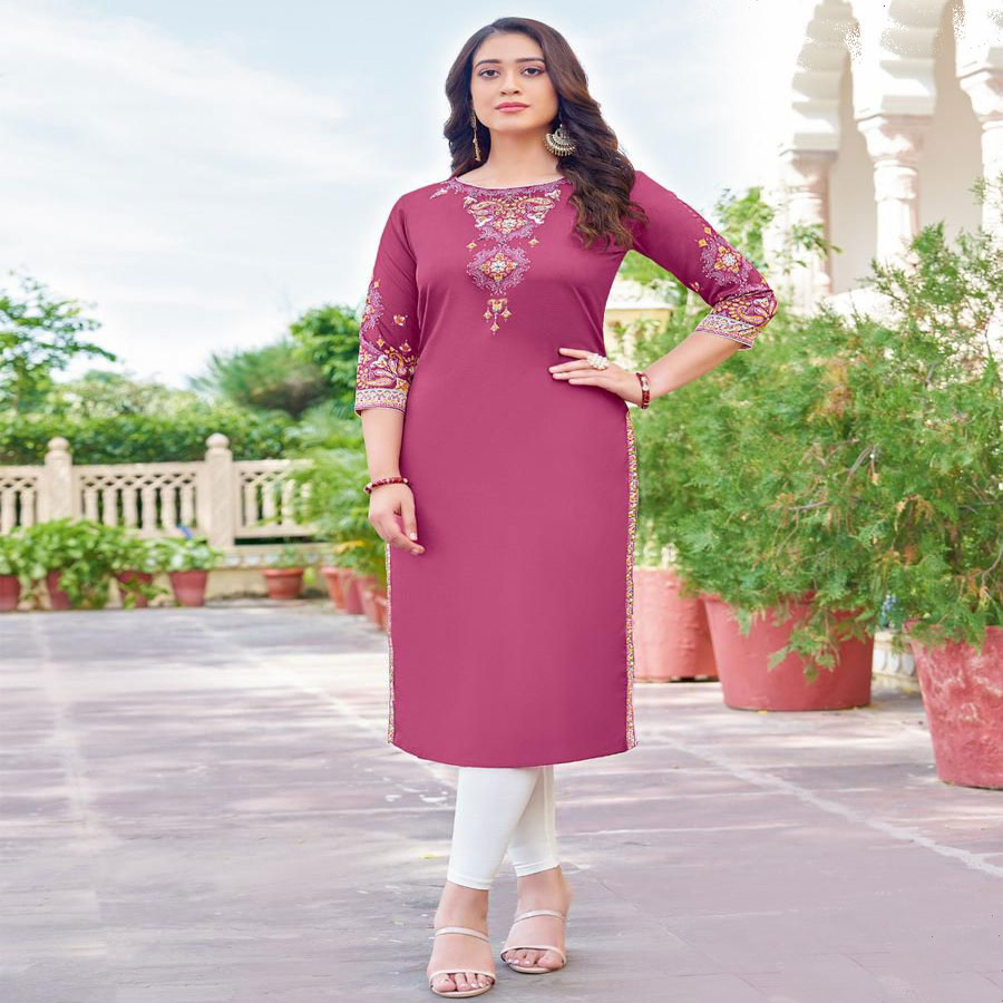 Maroon Heavy Rayon with Print and Handwork Casual Kurtis