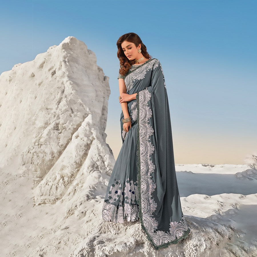 Grey Net Designer Saree