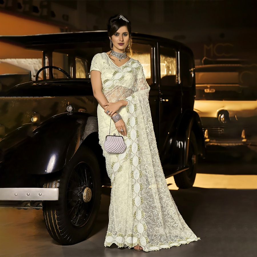 White Net Designer Saree