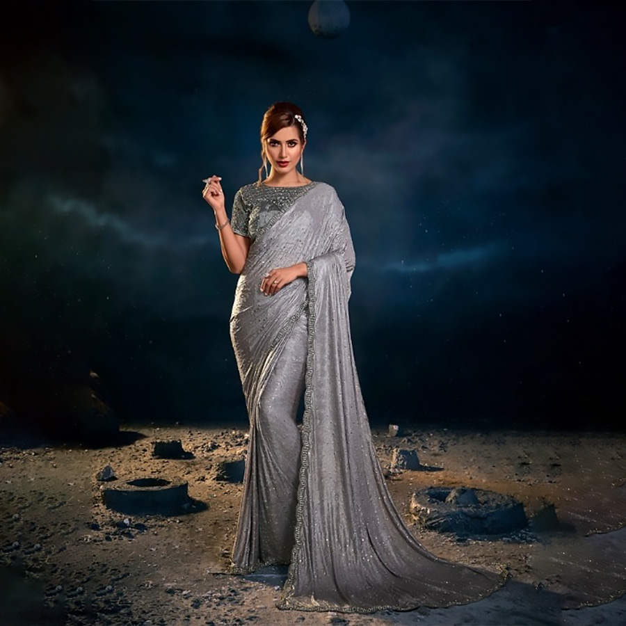 Grey Net Designer Saree