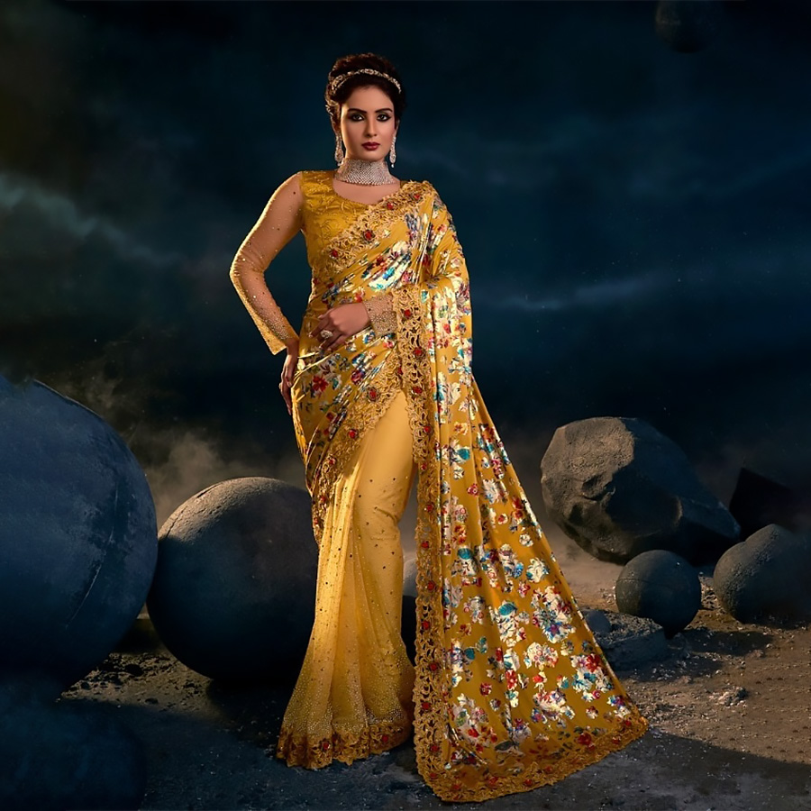 Yellow Net Designer Saree